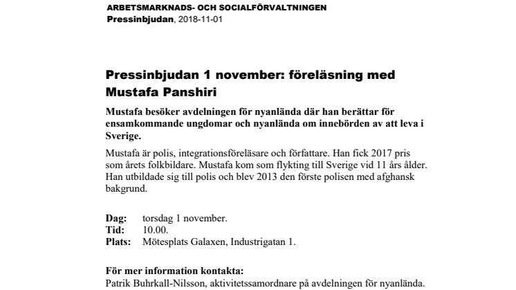 Pressinbjudan 1 november: föreläsning med Mustafa Panshiri
