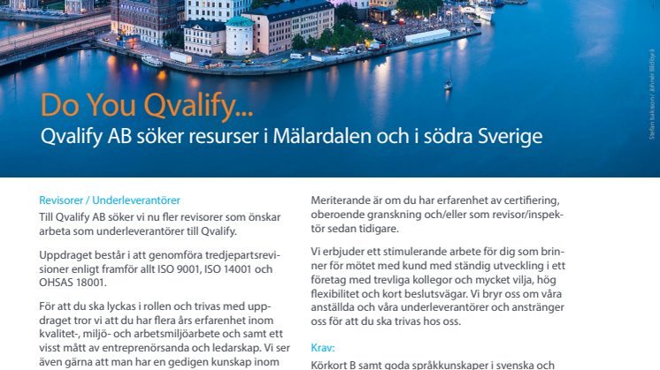 Qvalify AB söker resurser i Mälardalen och i södra Sverige