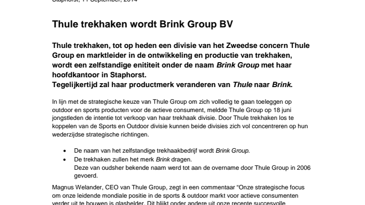 Thule trekhaken wordt Brink Group BV