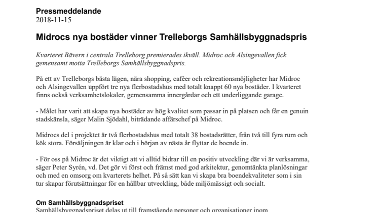 Midrocs nya bostäder vinner Trelleborgs Samhällsbyggnadspris