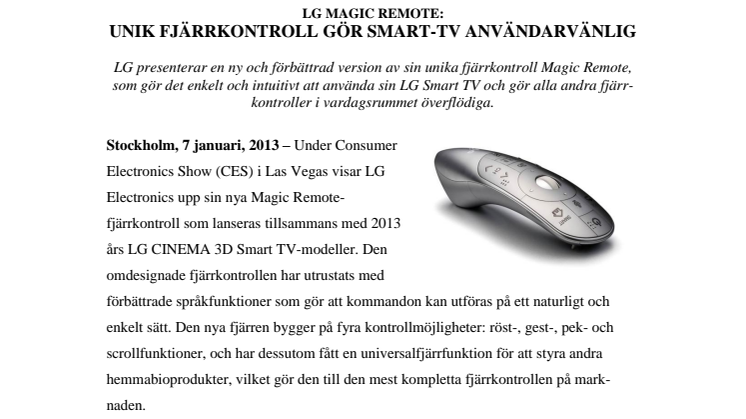 LG MAGIC REMOTE: UNIK FJÄRRKONTROLL GÖR SMART-TV ANVÄNDARVÄNLIG 