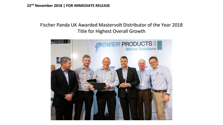 Fischer Panda UK Awarded Mastervolt Distributor of the Year 2018 Title for Highest Overall Growth