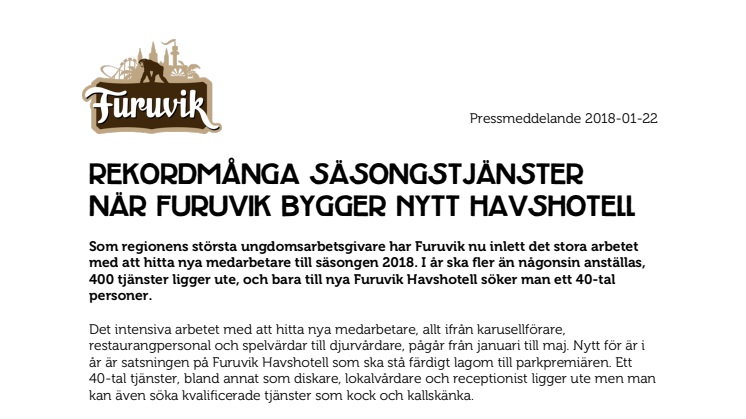 Rekordmånga säsongstjänster  när Furuvik bygger nytt Havshotell