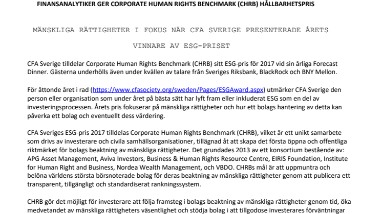 FINANSANALYTIKER GER CORPORATE HUMAN RIGHTS BENCHMARK (CHRB) HÅLLBARHETSPRIS
