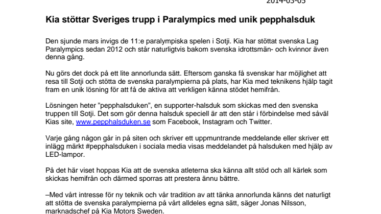Kia stöttar Sveriges trupp i Paralympics med unik pepphalsduk 
