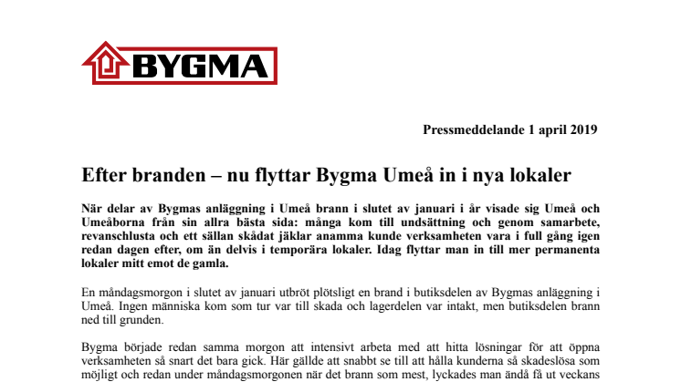 Efter branden – nu flyttar Bygma Umeå in i nya lokaler