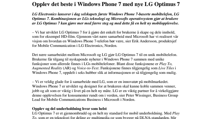 Opplev det beste i Windows Phone 7 med nye LG Optimus 7