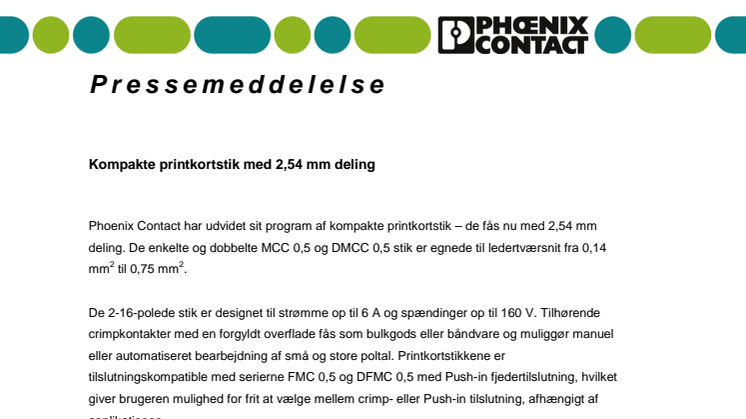 Kompakte printkortstik med 2,54 mm deling