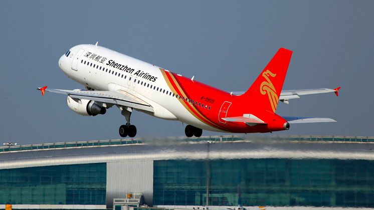 Hi-res image - Cobham SATCOM - Shenzhen Airlines A320 departs Guangzhou Baiyun International Airport