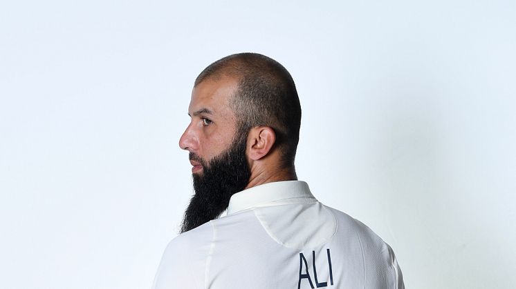 England all-rounder Moeen Ali wears the new Test shirt with his squad number and name  introduced for the  ICC World Test Championship