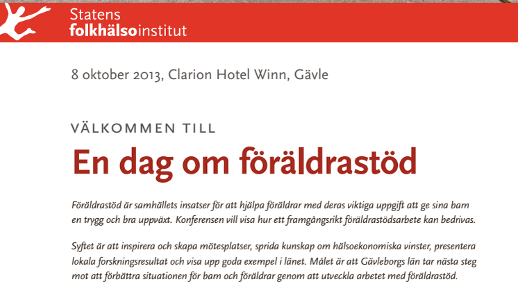 Konferens om föräldrarstöd tisdag den 8 oktober, Clarion Hotel Winn, Gävle