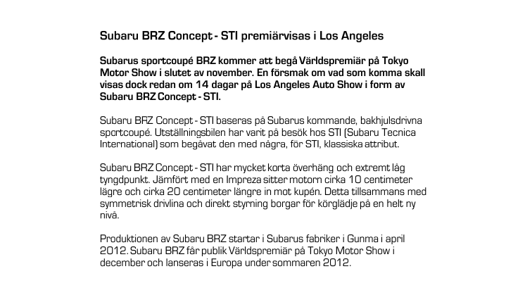 Subaru BRZ Concept - STI premiärvisas i Los Angeles