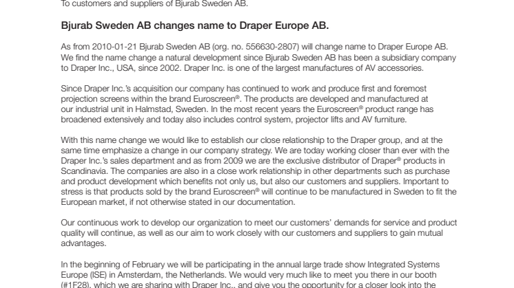 Bjurab Sweden AB changes name to Draper Europe AB.
