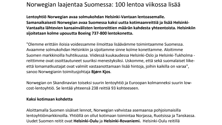 Norwegian laajentaa Suomessa: 100 lentoa viikossa lisää 