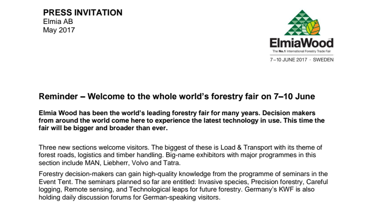 Reminder – Welcome to the whole world’s forestry fair on 7–10 June