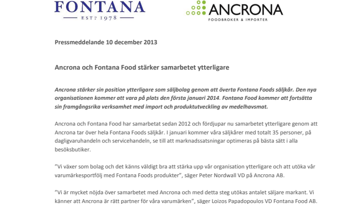 Ancrona och Fontana Food stärker samarbetet ytterligare