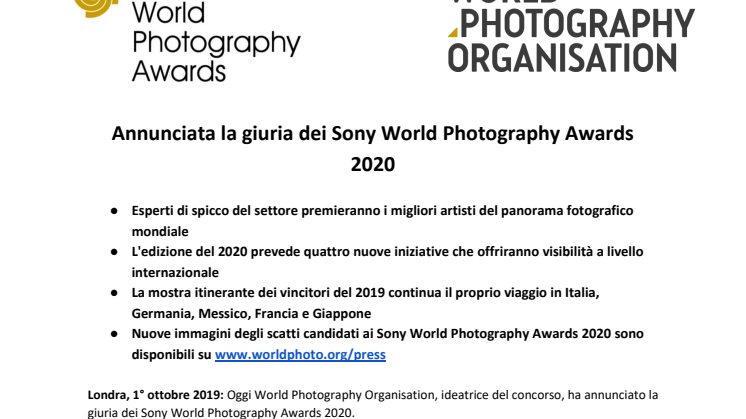 Annunciata la giuria dei Sony World Photography Awards 2020
