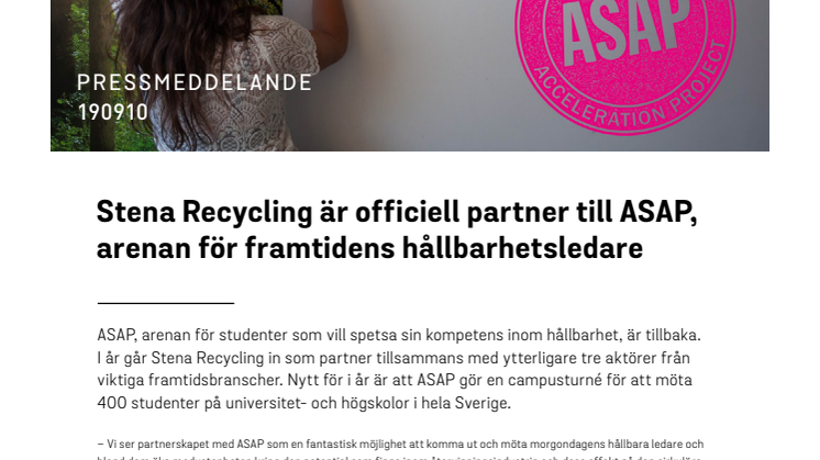Stena Recycling är officiell partner till ASAP - arenan för framtidens hållbarhetsledare
