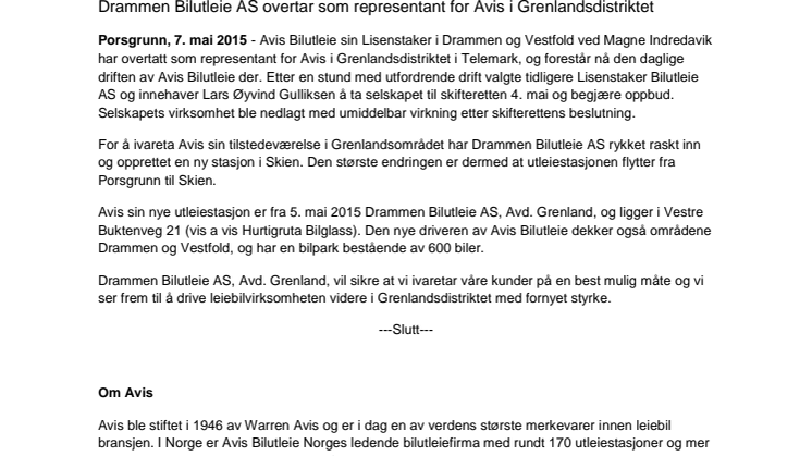 Drammen Bilutleie AS overtar som representant for Avis i Grenlandsdistriktet