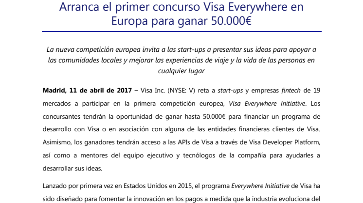 Arranca el primer concurso Visa Everywhere en Europa para ganar 50.000€