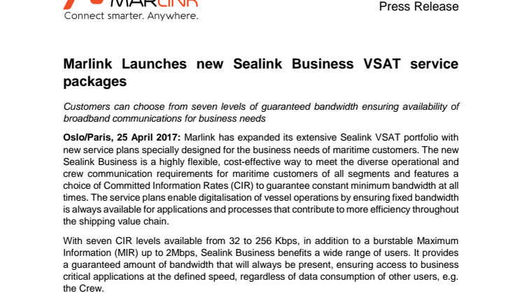 Marlink: Marlink launches new Sealink Business VSAT service packages