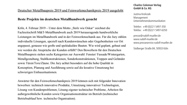 Deutscher Metallbaupreis 2019 und Feinwerkmechanikpreis 2019 ausgelobt