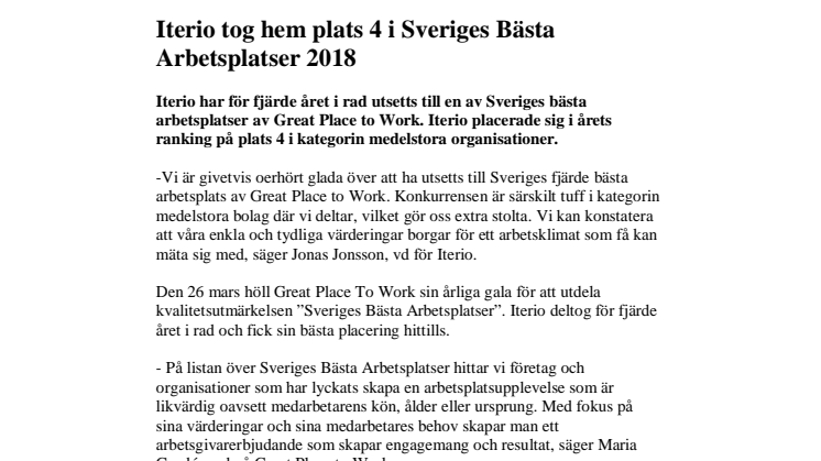 Iterio tog hem plats 4 i Sveriges Bästa Arbetsplatser 2018