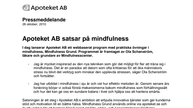Apoteket AB satsar på mindfulness