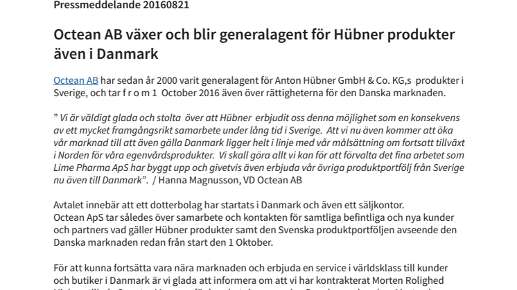Octean AB växer och blir generalagent för Hübner produkter även i Danmark