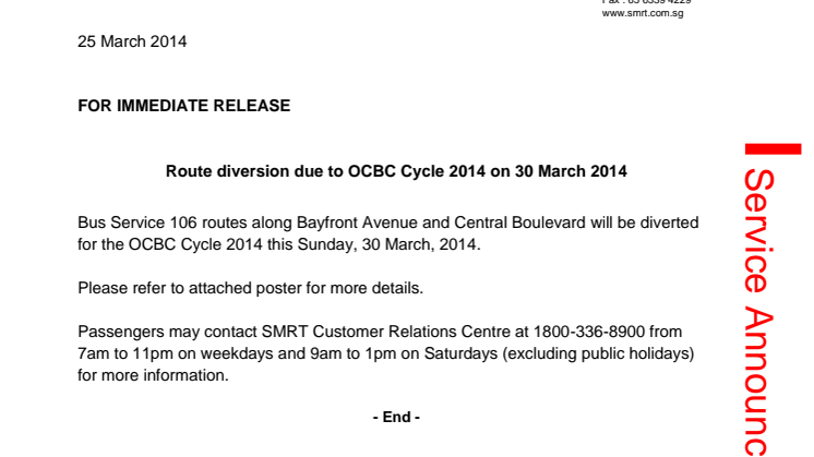 Route diversion due to OCBC Cycle 2014 on 30 March 2014