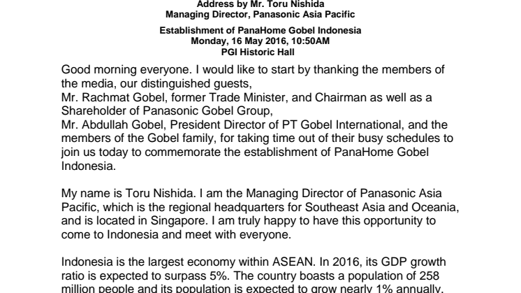 Address  by Mr. Toru Nishida, Managing Director, Panasonic Asia Pacific