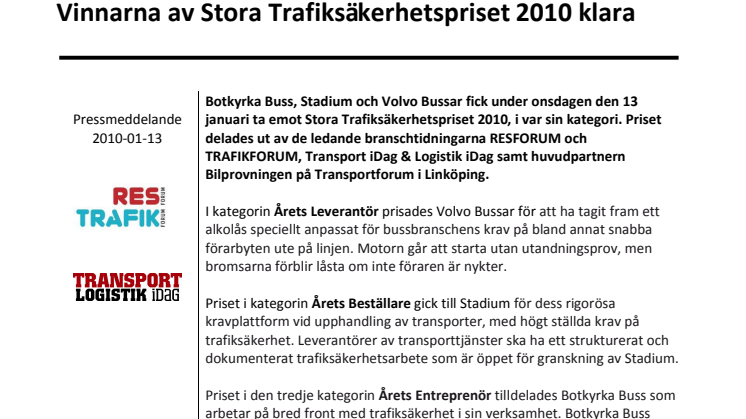 Vinnarna av Stora Trafiksäkerhetspriset 2010 klara