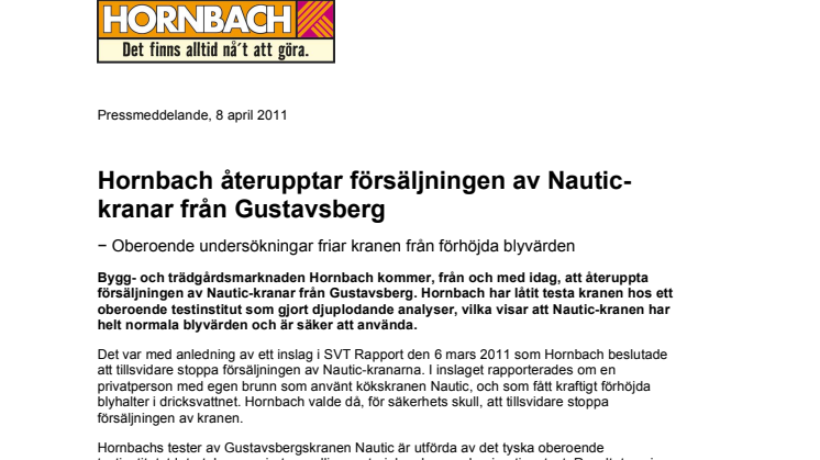 Hornbach återupptar försäljningen av Nautic-kranar från Gustavsberg