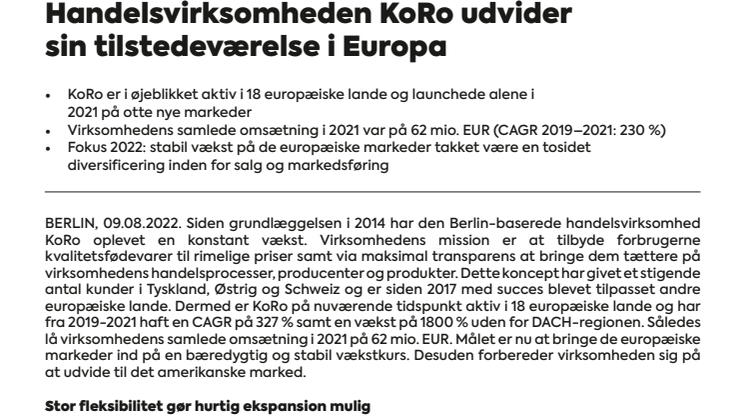 Handelsvirksomheden KoRo udvider sin tilstedeværelse i Europa