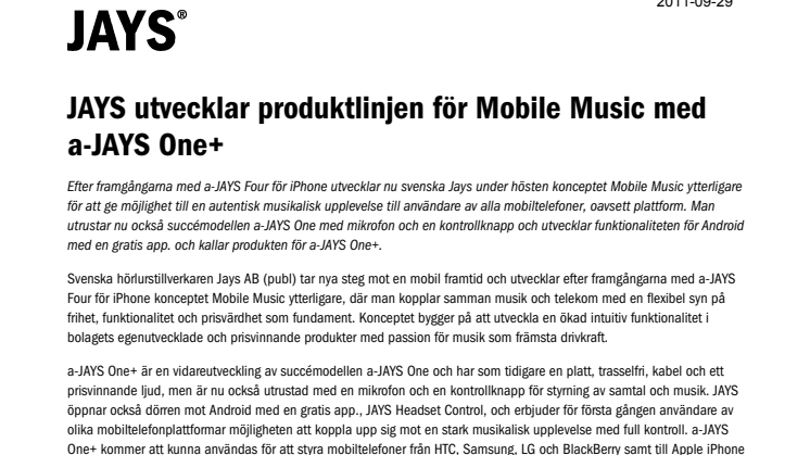 JAYS utvecklar produktlinjen för Mobile Music med a-JAYS One+ 