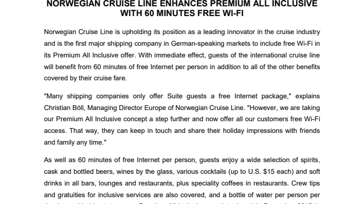 Norwegian Cruise Line enhances Premium All Inclusive with 60 minutes free Wi-Fi 