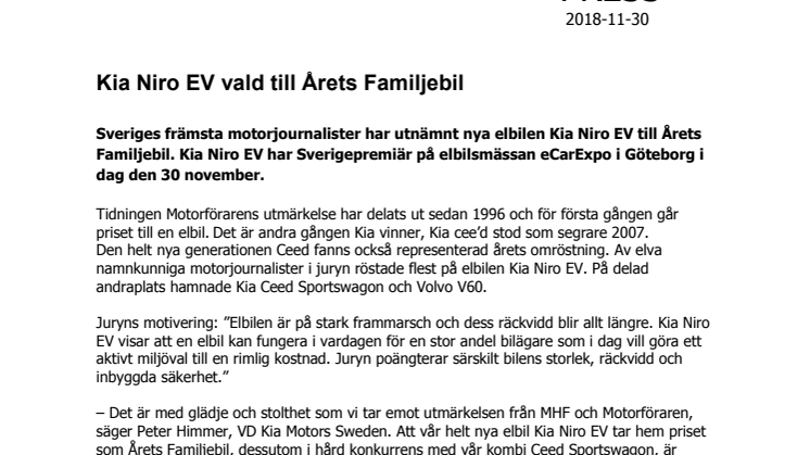 ​Kia Niro EV vald till Årets Familjebil