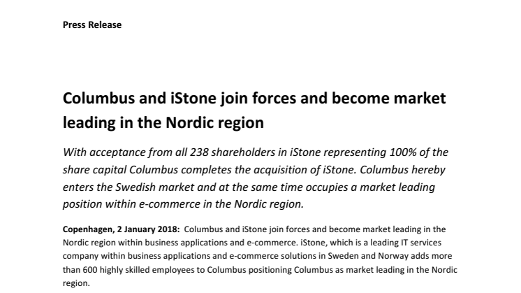 Columbus och iStone går samman och blir marknadsledande i Norden