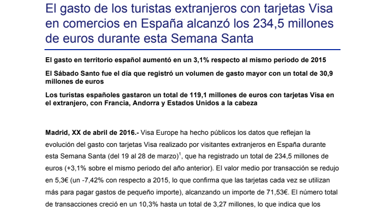 El gasto de los turistas extranjeros con tarjetas Visa en comercios en España alcanzó los 234,5 millones de euros durante esta Semana Santa