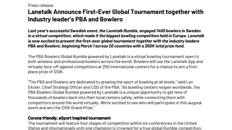 Lanetalk Announce First-Ever Global Tournament together with Industry leader’s PBA and Bowlero