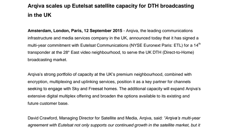 Arqiva scales up Eutelsat satellite capacity for DTH broadcasting 