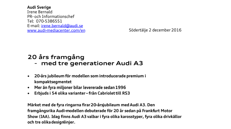 20 år av framgång med tre generationer Audi A3