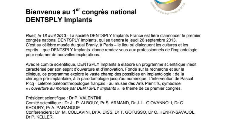 Bienvenue au 1er congrès national DENTSPLY Implants