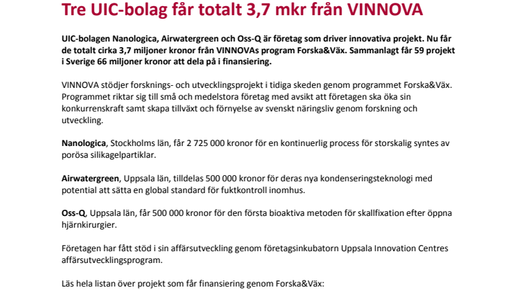 Tre UIC-bolag får totalt 3,7 mkr från VINNOVA