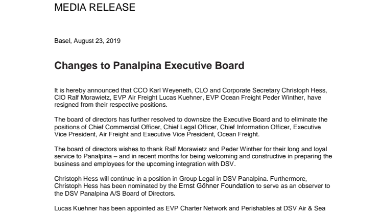 Changes to Panalpina Executive Board