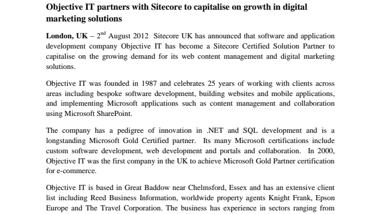 Objective IT partners with Sitecore to capitalise on growth in digital marketing solutions