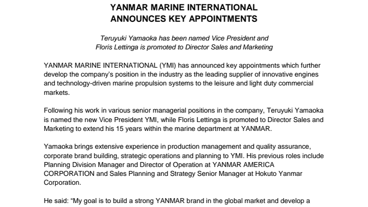 YANMAR MARINE INTERNATIONAL Announces Key Appointments