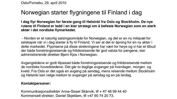 Norwegian starter flygningene til Finland i dag