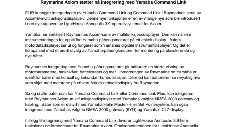 Raymarine Axiom støtter nå integrering med Yamaha Command Link