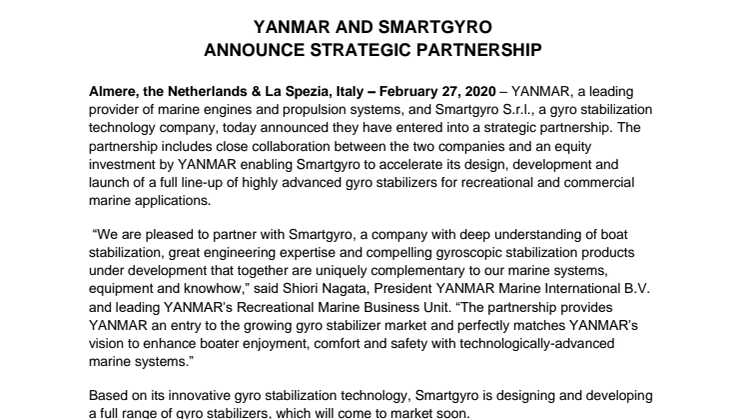 YANMAR and Smartgyro Announce Strategic Partnership